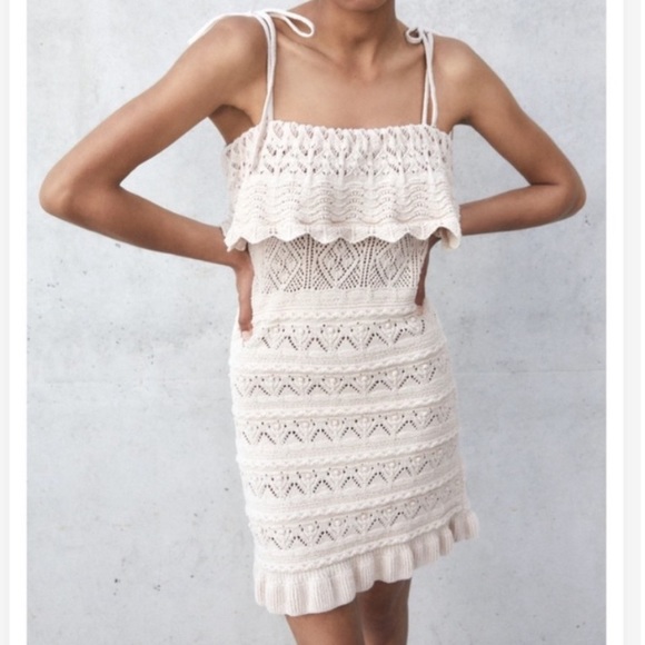 RARE, NWOT! Zara Ruffled Knit Mini Dress w Tie Strap, Cream, M / L - Picture 1 of 11